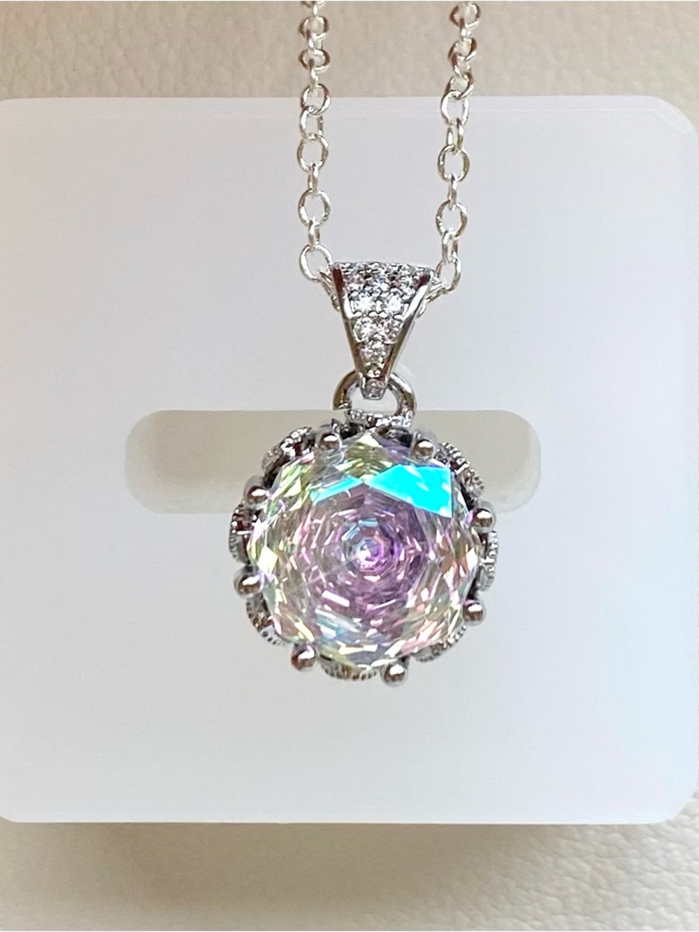 Silver Necklace with Iridescent Pink Round Crystal Pendant